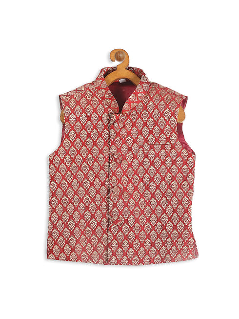 Vastramay SISHU Boys Gold-Toned & Maroon Woven Design Nehru Jackets